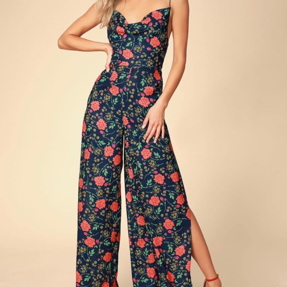Hana Navy Blue Floral Print Backless Wide-Leg Jumpsuit